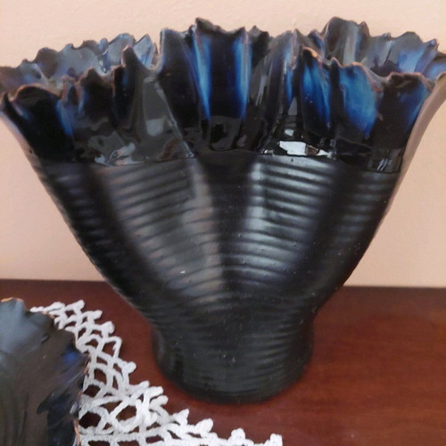 Set of 3 used clay decorative items with porcelain, blue-light blue-black