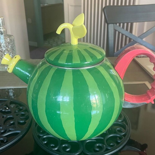 Enamel teapot 1.5 liters steel with whistle, watermelon design like new