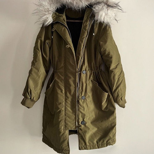 H&M khaki hooded parka jacket with fur and waist adjustment new, size S