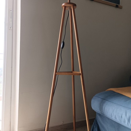 Wooden floor lamp handmade, used, minimal design with oil lampshade