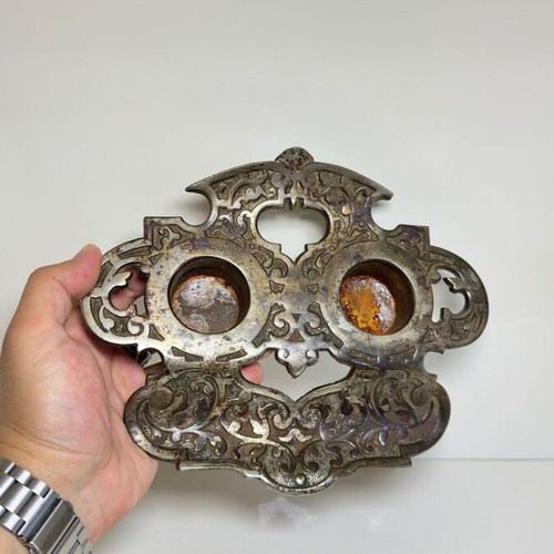 Antique double iron desk inkwell with baroque decoration