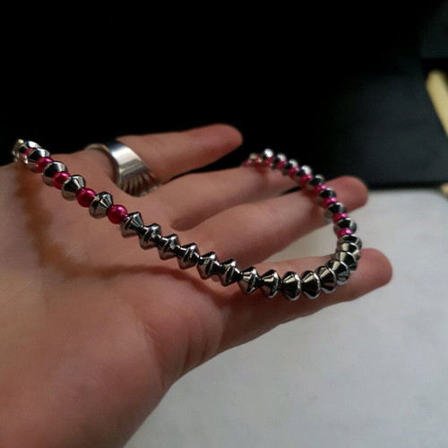 Beaded necklace with natural silver hematite and pink glass pearls, new