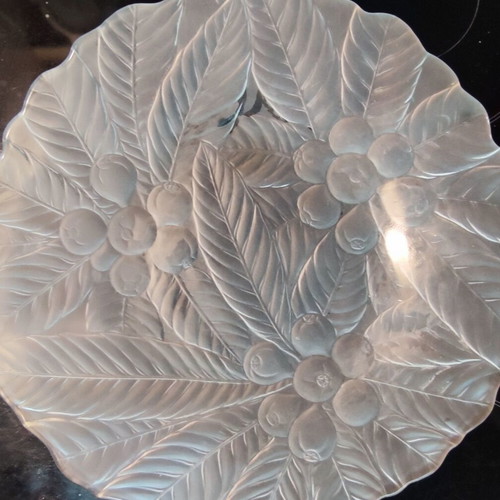 Glass serving platter with fruit and leaf decoration, 33cm diameter, new