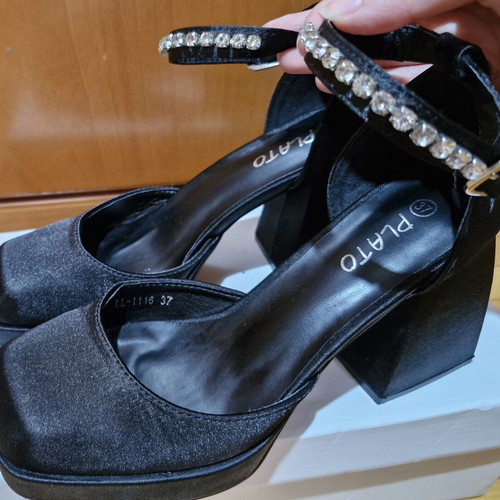 Black satin pumps with rhinestones, medium heel, like new