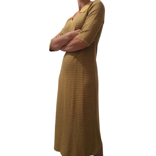 Unique designer dress like new, Merino wool, size Medium, brown and yellow