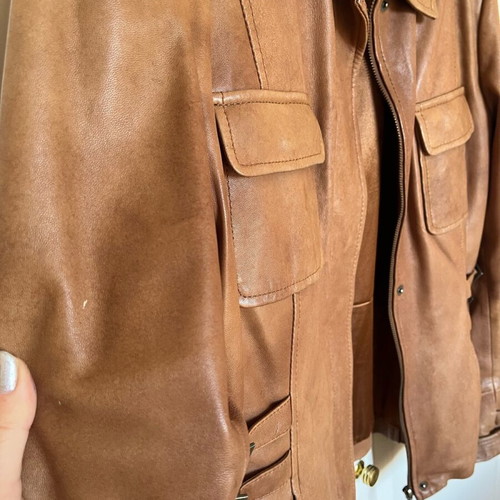 Lapel leather jacket used, brown, size medium