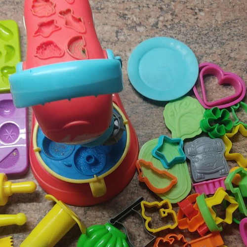 Playdough accessories used, 55 molds, 14 tools and machine