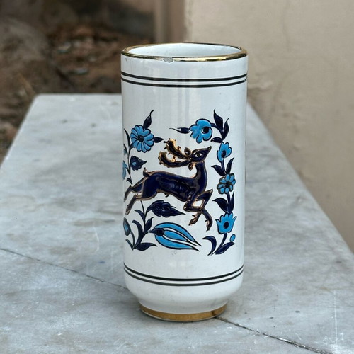 Handmade ceramic vase Manousakis Rhodes used with deer motif