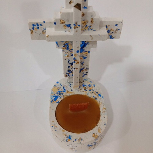 Handmade porcelain cross candle holder with pure beeswax and decorative leaves