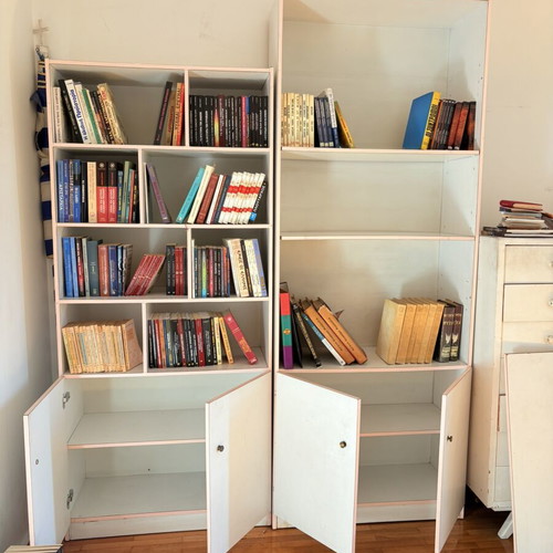 Two white bookcases with cupboard, 85cm width