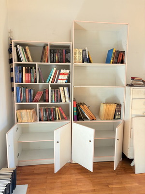 Two white bookcases with cupboard, 85cm width