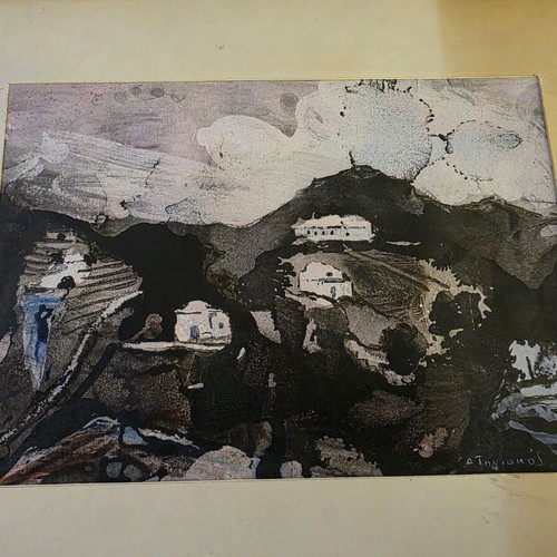 Painting Dimitris Tiniakos like new, Chinese black ink and color, Cyclades landscape