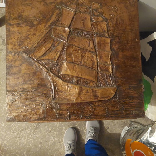 Collection of 5 Signed Vintage Copper Relief Paintings used