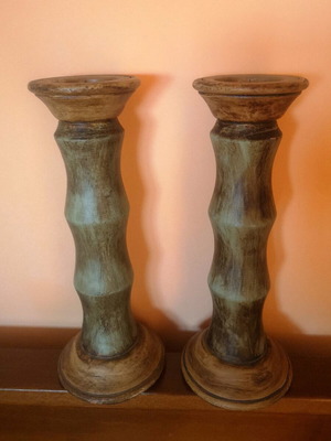 Wooden handmade candlesticks used, pack of two, vintage olive color
