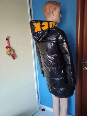 Black shiny puffer jacket with yellow letters on hood new, size S