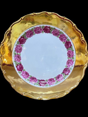 Bavarian porcelain platter used 30cm with pink roses and 24K gold border