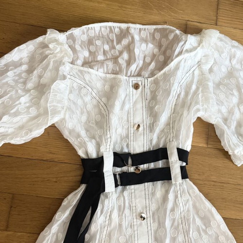 Midi dress S like new, white with puff sleeves and black waist ties
