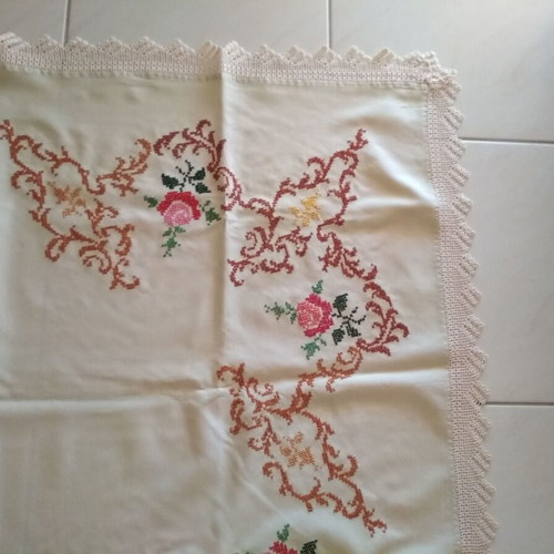 Embroidered handmade tablecloth used, beige with rose design