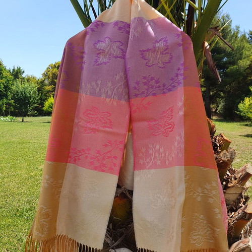 Vintage jacquard scarf handmade from cotton and silk yarn like new, multicolored