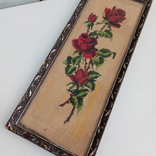 Embroidery in embossed frame with roses like new