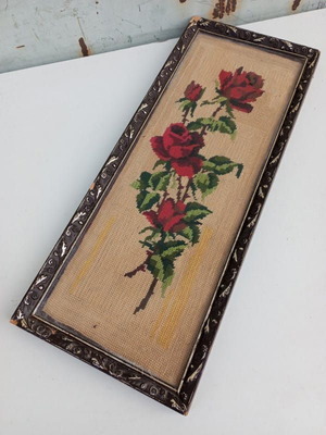 Embroidery in embossed frame with roses like new