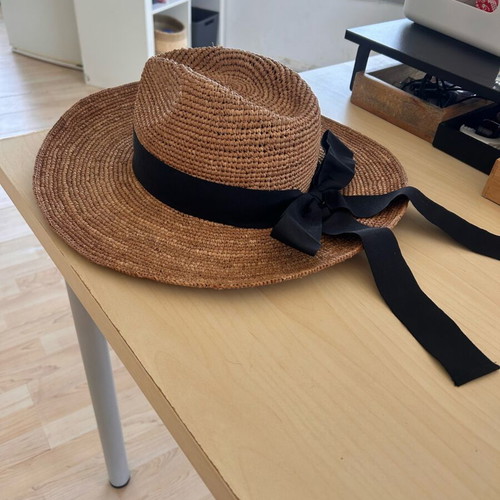 Camaïeu Raffia Sun Hat with Oversized Black Ribbon Bow New