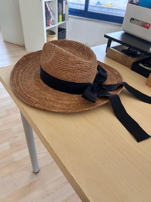 Camaïeu Raffia Sun Hat with Oversized Black Ribbon Bow New