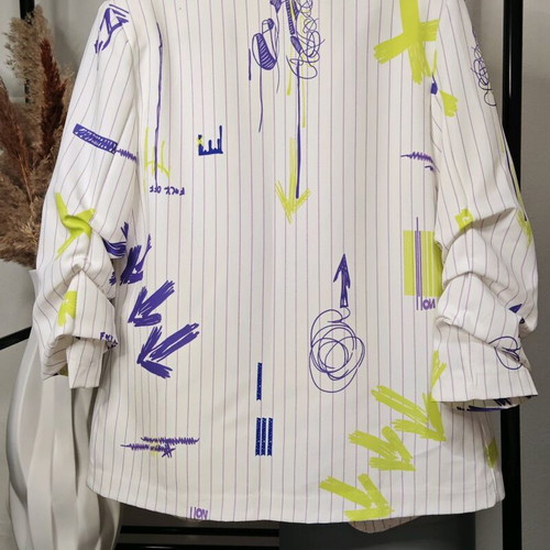 White blazer with designs used, relaxed fit, sizes M-L