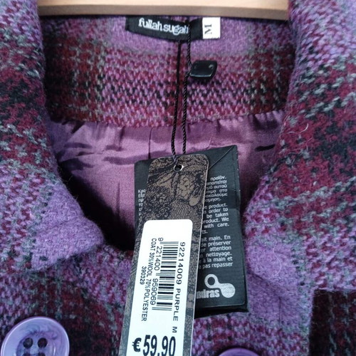 Fullah Sugah checked coat new, size medium, purple-magenta