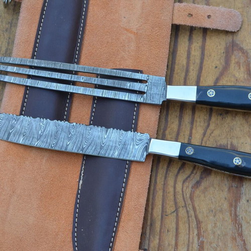 Damascus Hand Forged Knife and Fork BBQ Hunting Set from The Eagle Collection 5772