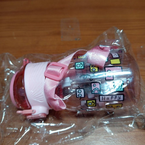 Pink kids water bottle with colorful emoticon designs