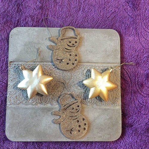 Set of gold Christmas decorations, stars and snowmen