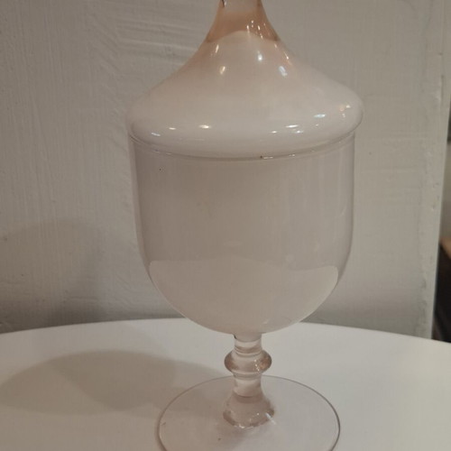 Vintage glass apothecary jar with lid and foot, pink opaline, like new