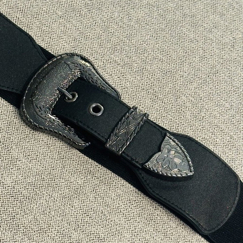 Elastic belt with western buckle new, black and silver, size 75