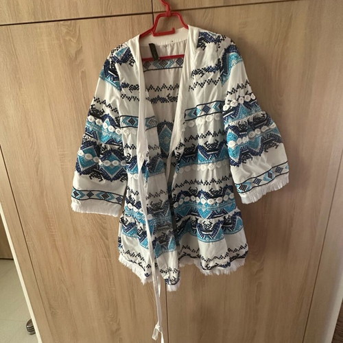 Boho mini dress new with bell sleeves and blue patterns, size M/L