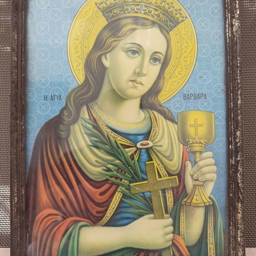 Vintage Saint Barbara Icon in Metal Frame with Glass, Used