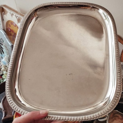 Vintage silver-plated tray with raised detailed border like new