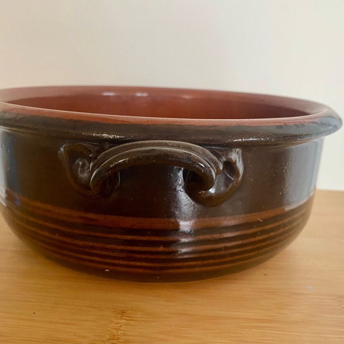Vintage Ceramic Pottery Clay Casserole Used, 1950s Rustic Kitchenware