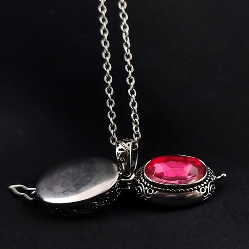 Gothic Locket Box Pendant with Red Crystal and Carved Branches, New