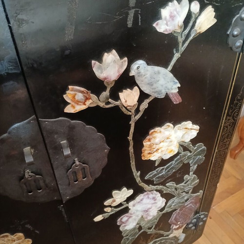 Vintage Chinese Storage Cabinet used, hand-painted with semi-precious stones
