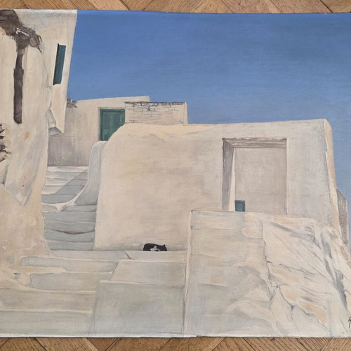Antonis Politakis Painting Chora of Ios tempera on cardboard used