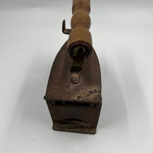 Cast Iron Charcoal Iron with Wooden Handle used, vintage clothes iron
