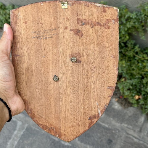 Vintage Wooden Shield of XVIII Infantry Regiment used, metal emblem 25 cm