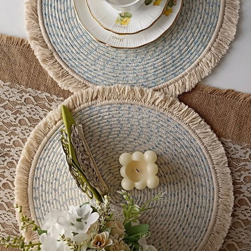 Handmade placemats new, set of 2 with fringes 38 cm diameter