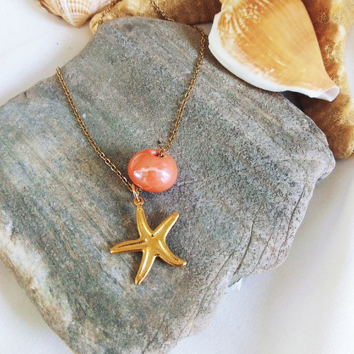 Handmade necklace with steel chain, starfish and pink porcelain bead