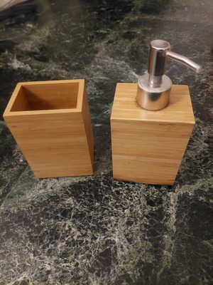 Soap dispenser and toothbrush holder set used, bamboo