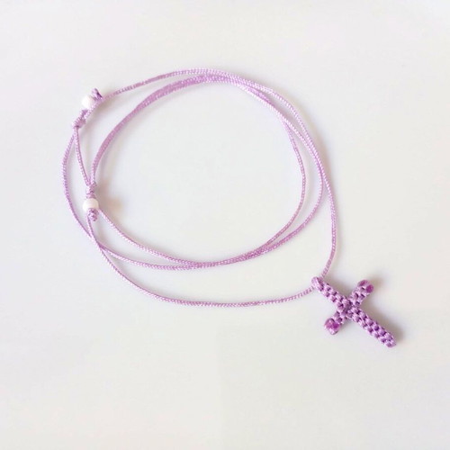 Macrame cross necklace in pink or purple