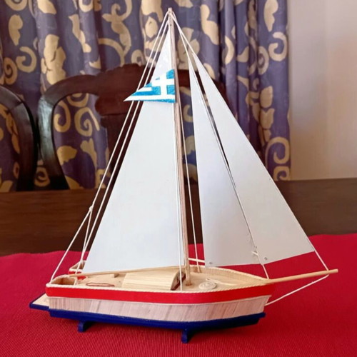 Wooden handmade boat new with Greek flag and miniature details