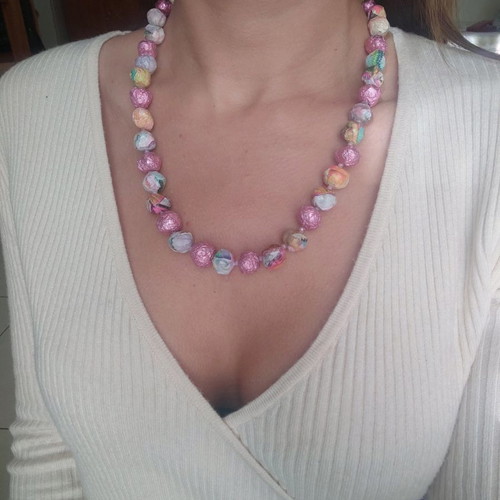 Pink pastel handmade papier-mâché necklace new