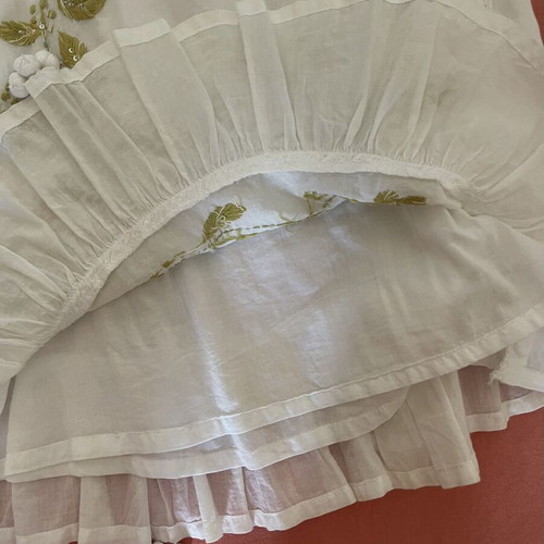 Boho skirt white with olive and gold embroidery and pom poms used, size M